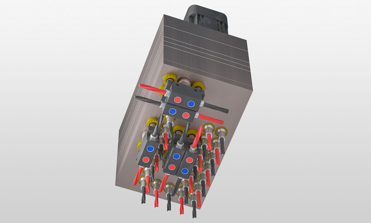 3D render of a multi-pin electrical connector mounted to a metal block, with red and blue markers on the pins.