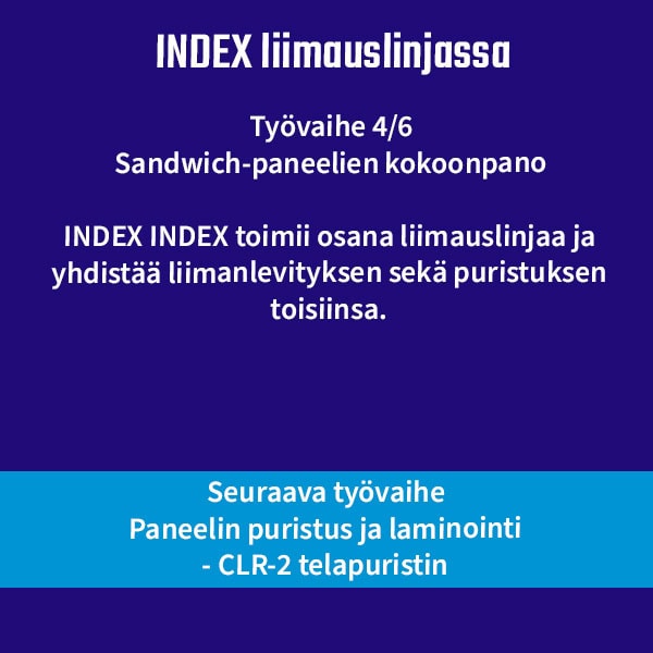 Slide INDEX liimauslinjassaTyövaihe 46 Sandwich paneelien kokoonpano INDEX toimii osana liimauslinjaa yhdistäen liimanlevityksen ja puristuksen Seuraava vaihe paneelin puristus ja laminointi  CLR 2 telapuristin