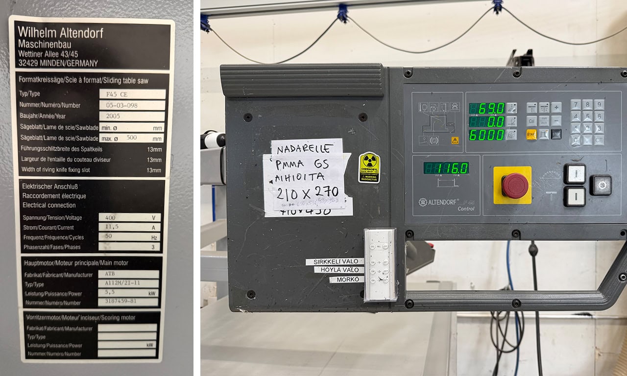 Industrial machine setup: close-up of a German-language nameplate with specs, beside a control panel with green LED readouts and a red emergency stop button, plus a handwritten note taped to the unit.