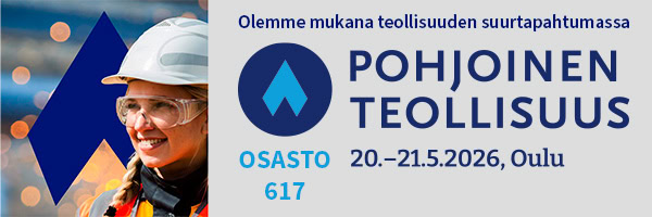 Banner advertising Pohjoinen Teollisuus event in Oulu May 2021 2026 with a woman in a hard hat on the left and the blue logo in the center
