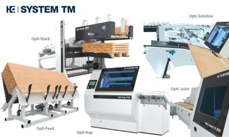 HC System TM woodworking line with automated feeding stacking and jointing machines labeled Opti Stack Opti Feed Opti Kap and Opti Joint as timber moves through the line
