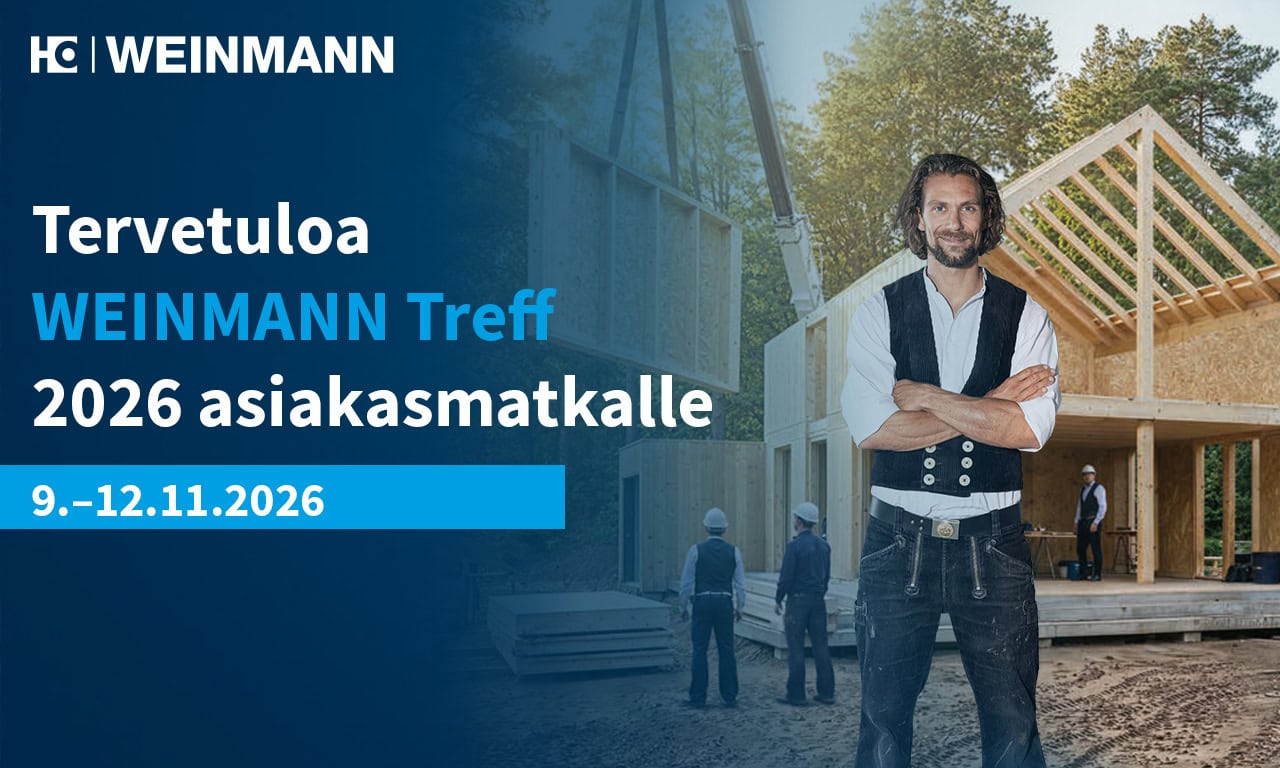 Weinmann Treff 2026 1280x768 | Projecta Hero image smiling man in workwear with arms crossed at a construction site with a wooden frame and other workers in the background banner text welcomes to WEINMANN Treff 2026 912112026